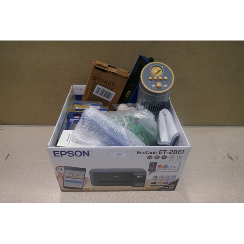 6463 - Box of miscellaneous items including Yale window handles, tower fan, Abus lock, control switch, hose... 