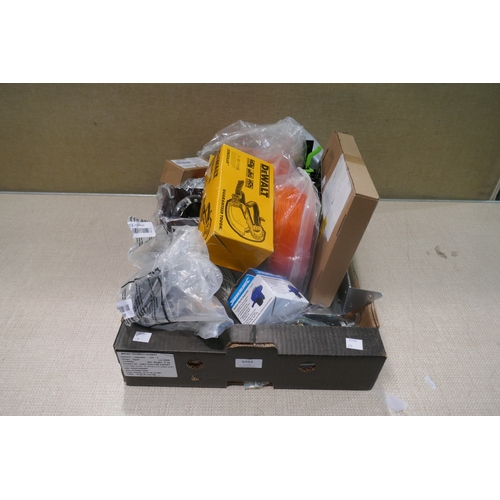 6464 - Box of miscellaneous items including Dewalt safety goggles, strimmer wire, bicycle stabilisers, Spea... 