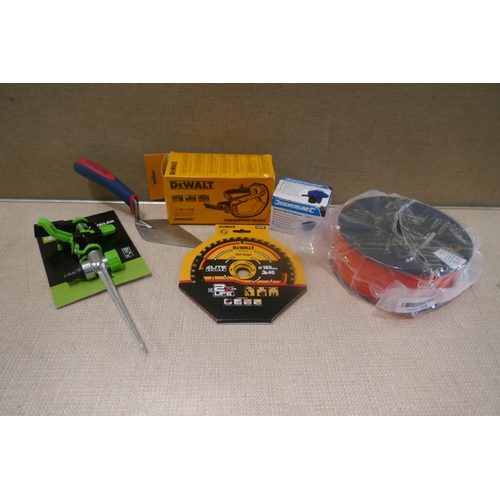 6464 - Box of miscellaneous items including Dewalt safety goggles, strimmer wire, bicycle stabilisers, Spea... 