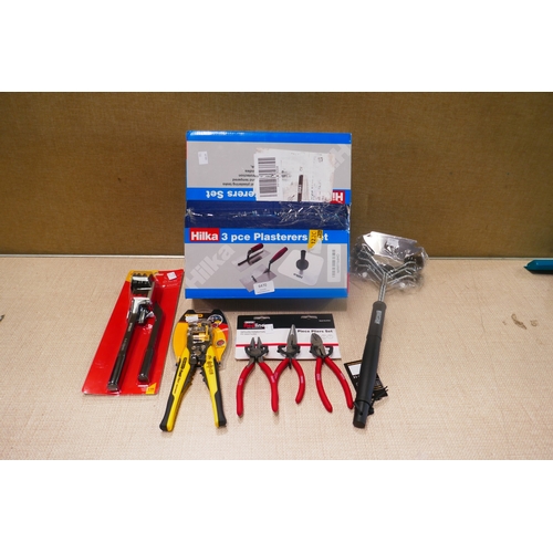 6470 - Stanley Fatmax crimper, Red Line 3 piece pliers set, Amtech 3 in 1 pipe bender, Hilka Plasters set a... 