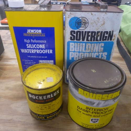 A 5L tin of Jewson silicone water proofer, a 5L tin of Sovereign ...