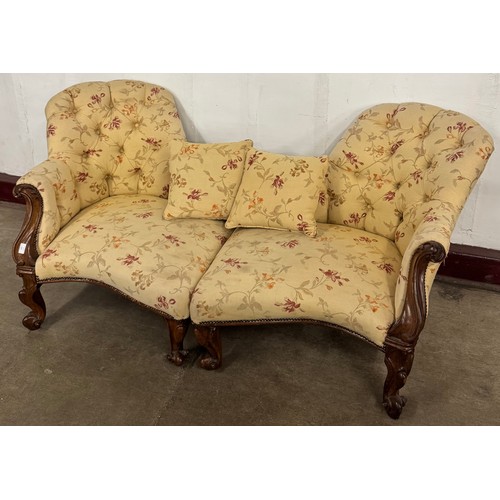 145 - A pair of Victorian walnut and fabric upholstered corner spoon back chair