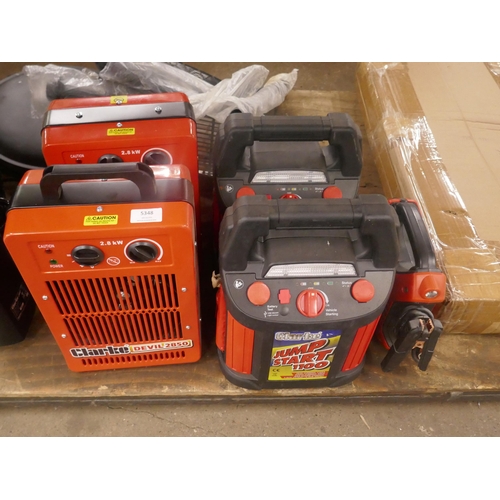 5348 - Two Clarke Devil 2850 2.8kW fan heaters, two Clarke jumpstart 1100 jump starters and a Clarke jumpst... 