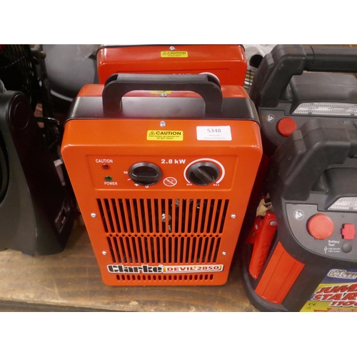 5348 - Two Clarke Devil 2850 2.8kW fan heaters, two Clarke jumpstart 1100 jump starters and a Clarke jumpst... 
