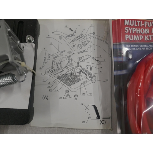 5338 - A selection of assorted tolls including a contour gauge, a Clarke multi function syphon and air pump... 