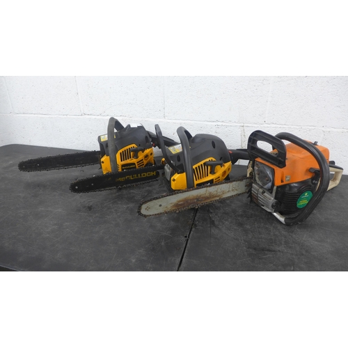 5179 - Three petrol chainsaws, McCulloch Mac 738, McCulloch Mac 438 and a Gardline chainsaw