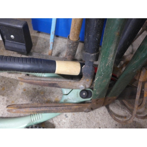 5188 - An assortment of garden tools and a blue folding picnic table