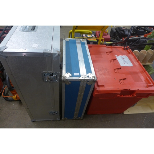 5216 - 2 Aluminium flight cases and a large plastic storage box