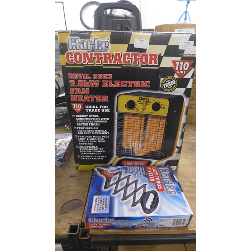 5293 - A boxed Clarke contractor Devil 3003 2.8kw electric fan heater - 110v and a boxed Clarke Lazy Tongs ... 