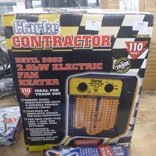 5293 - A boxed Clarke contractor Devil 3003 2.8kw electric fan heater - 110v and a boxed Clarke Lazy Tongs ... 
