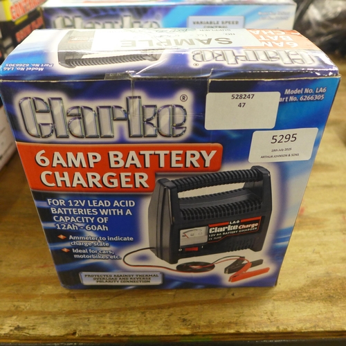 5295 - Four boxed Clarke items including a 6 amp battery charger, a 125w palm sander, a 200w 1/3 sheet orbi... 