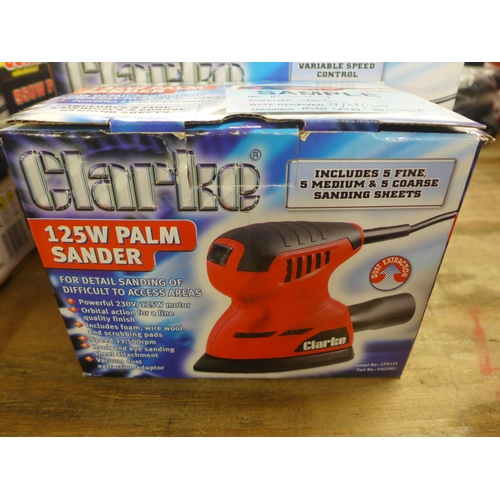 5295 - Four boxed Clarke items including a 6 amp battery charger, a 125w palm sander, a 200w 1/3 sheet orbi... 