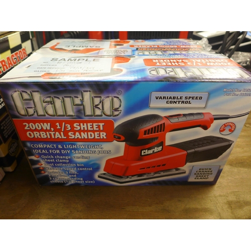 5295 - Four boxed Clarke items including a 6 amp battery charger, a 125w palm sander, a 200w 1/3 sheet orbi... 
