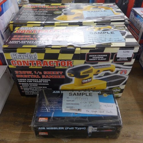 5296 - A boxed Clarke Contractor 950w planer, a Clarke Contractor 320w 1/2 sheet orbital sander and an air ... 