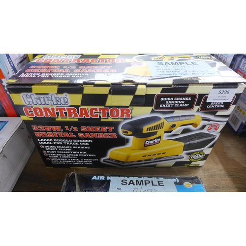 5296 - A boxed Clarke Contractor 950w planer, a Clarke Contractor 320w 1/2 sheet orbital sander and an air ... 