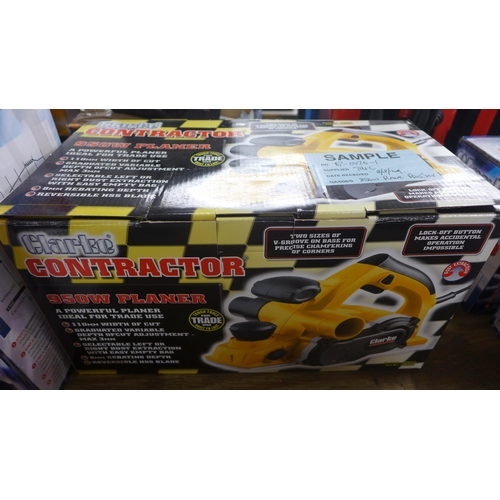 5296 - A boxed Clarke Contractor 950w planer, a Clarke Contractor 320w 1/2 sheet orbital sander and an air ... 