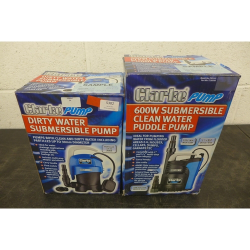5302 - A boxed Clarke pump PSP195 600w submersible clean water puddle pump and a boxed Clarke pump dirty wa... 
