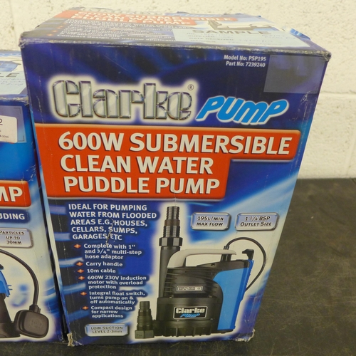 5302 - A boxed Clarke pump PSP195 600w submersible clean water puddle pump and a boxed Clarke pump dirty wa... 