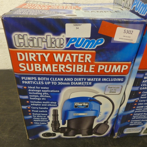 5302 - A boxed Clarke pump PSP195 600w submersible clean water puddle pump and a boxed Clarke pump dirty wa... 