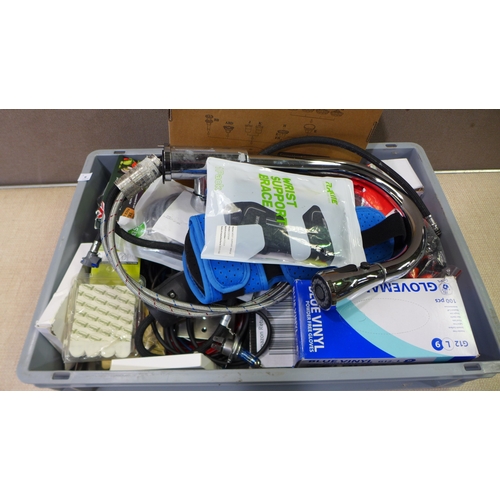 6150 - A box of miscellaneous items to include dimmers, USB cables, solar pump fountain, bicycle locks, etc... 