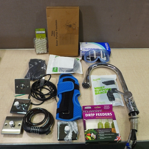 6150 - A box of miscellaneous items to include dimmers, USB cables, solar pump fountain, bicycle locks, etc... 