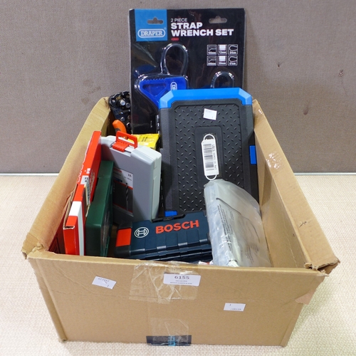 6155 - A box of tools to include Draper wrench set, Draper socket set, Bosch drill bits, etc.   * This lot ... 