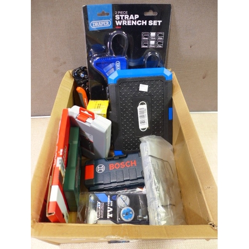 6155 - A box of tools to include Draper wrench set, Draper socket set, Bosch drill bits, etc.   * This lot ... 