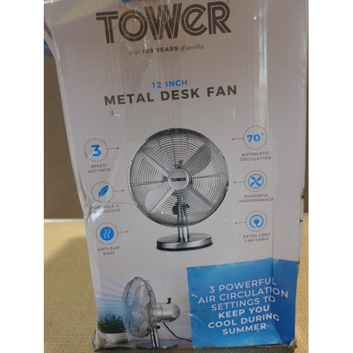 6126 - Tower T605000 Metal Desk Fan with 3 Speeds, Automatic Oscillation, 12â€, 35W, Chrome, original RRP ... 