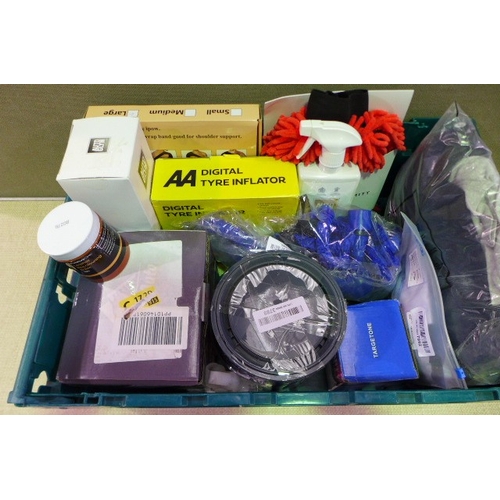 6442 - A box of miscellaneous to include Auto Glym, AA tyre inflator, hose, fan, etc.  *This lot is subject... 