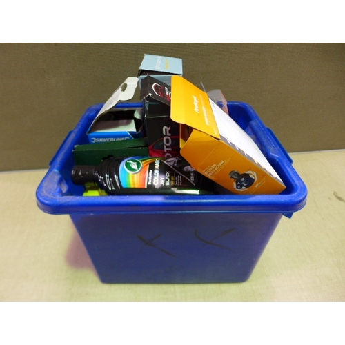 6446 - A box of miscellaneous to include Turtle wax, Fire Angel alarm, Flymo reel, Silverlink hydraulic bot... 