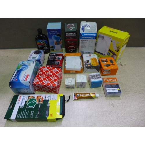 6446 - A box of miscellaneous to include Turtle wax, Fire Angel alarm, Flymo reel, Silverlink hydraulic bot... 