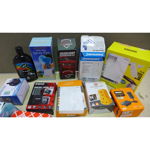 6446 - A box of miscellaneous to include Turtle wax, Fire Angel alarm, Flymo reel, Silverlink hydraulic bot... 