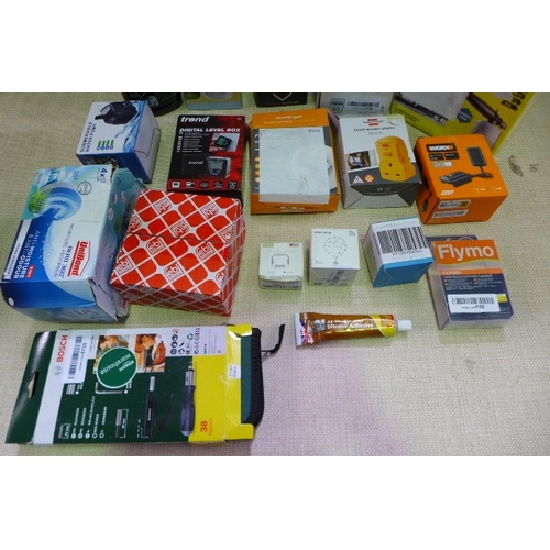 6446 - A box of miscellaneous to include Turtle wax, Fire Angel alarm, Flymo reel, Silverlink hydraulic bot... 