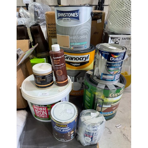 6133 - A quantity of paint and stains to include Dulux, Johnstones, Cuprinol, etc.  *This lot is subject to... 