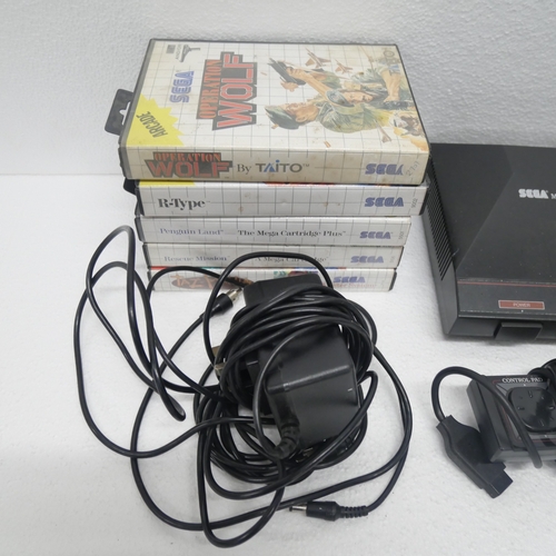8041 - A Sega Master System/Power Base games console with power supply, control pad, aerial cable, light ph... 