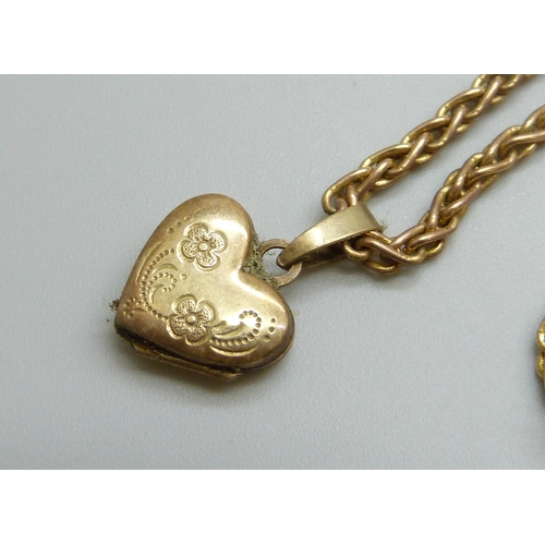 7004 - A 9ct gold chain with a yellow metal locket pendant, 3.4g total, 40.5cm