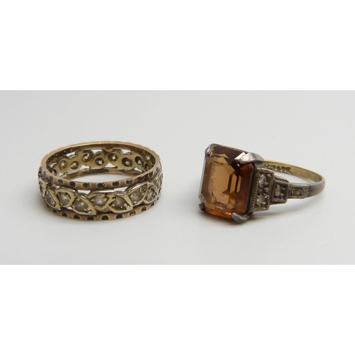 7013 - A 9ct gold, silver and white stone ring, M, and a 9ct gold and silver ring, L/M, 5.3g total weight