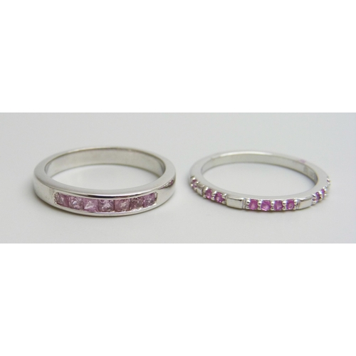 7041 - Two silver and pink sapphire rings, 4.3g total, with certificates