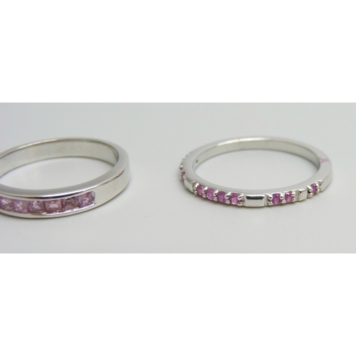 7041 - Two silver and pink sapphire rings, 4.3g total, with certificates