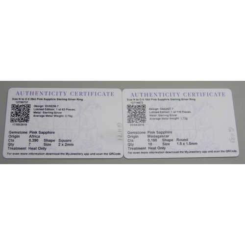 7041 - Two silver and pink sapphire rings, 4.3g total, with certificates