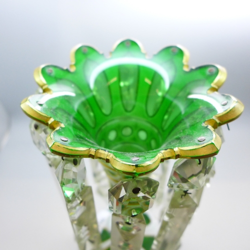 2012 - A 19th century Bohemian green and white glass lustre with gilt detail and clear glass droplets, 26cm... 