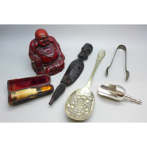 2017 - A late Victorian silver banded cheroot holder, a Buddha figure, a carved wooden item, a plated spoon... 