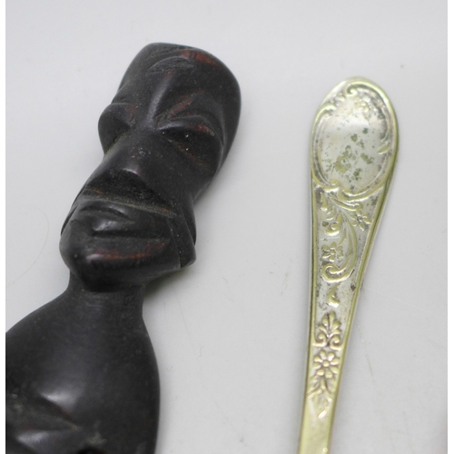2017 - A late Victorian silver banded cheroot holder, a Buddha figure, a carved wooden item, a plated spoon... 