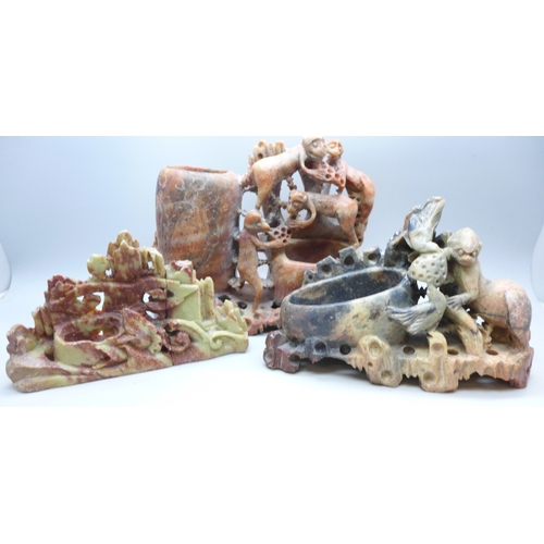 2020 - Three soapstone carvings, smallest repaired