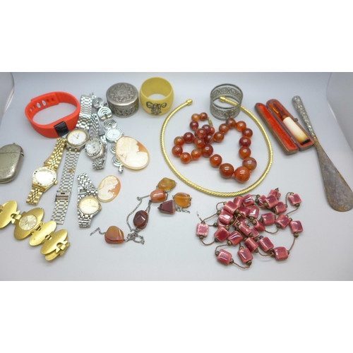 2021 - A collection of costume jewellery and wristwatches, etc., (agate necklace a/f)