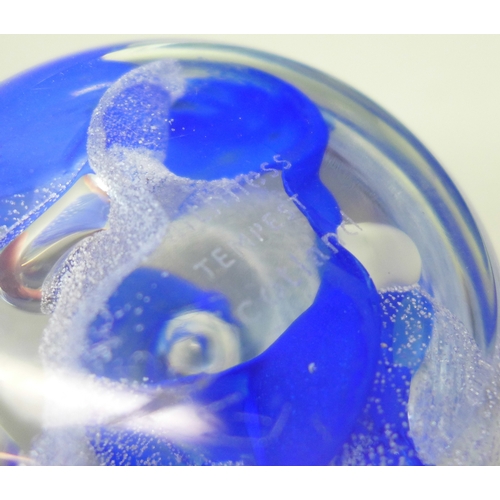 2022 - Four glass paperweights including two CIIG Caithness examples and other Caithness in blue with contr... 