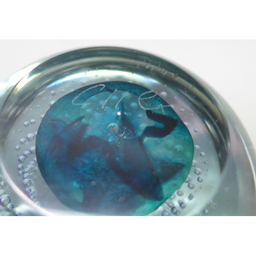 2022 - Four glass paperweights including two CIIG Caithness examples and other Caithness in blue with contr... 