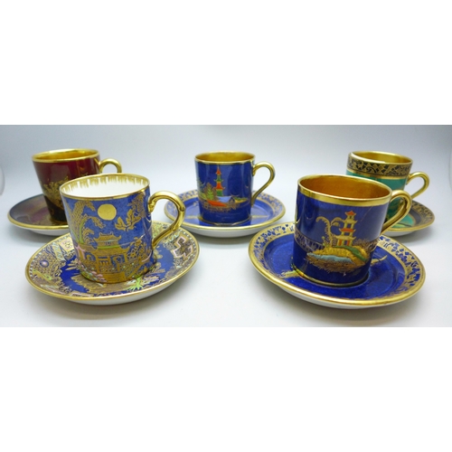 2023 - Five Art Deco circa. 1920s Carlton Ware lustre coffee cups and saucers, various oriental designs and... 
