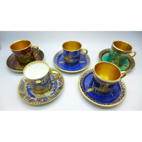 2023 - Five Art Deco circa. 1920s Carlton Ware lustre coffee cups and saucers, various oriental designs and... 