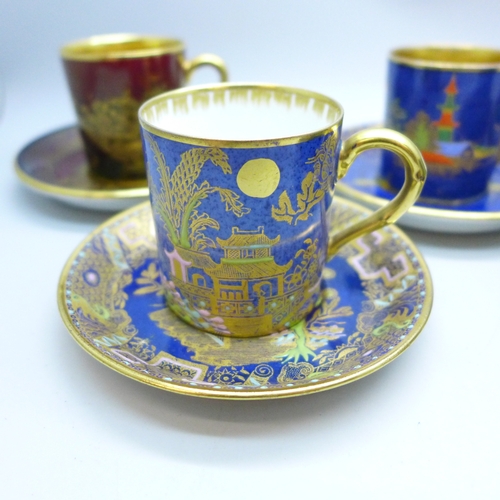 2023 - Five Art Deco circa. 1920s Carlton Ware lustre coffee cups and saucers, various oriental designs and... 